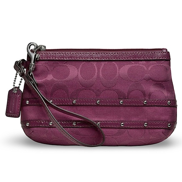 Coach Y2K VTG Studded Sateen Stripe Medium Wristlet | Purple Berry | 48114 - Picture 1 of 15